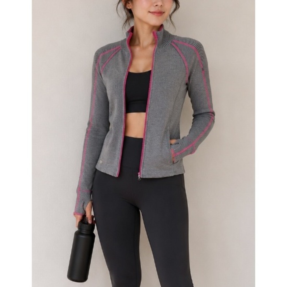 Athleta Womens Gray Pink Wool Blend Full Zip Mock Neck Sweater Thumbhole Small